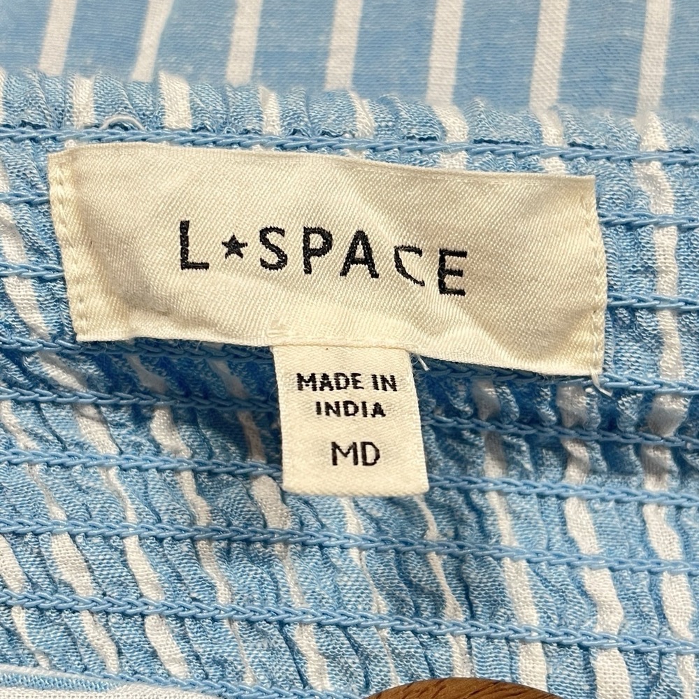 L*Space Melody Dress Size M Blue Bay Stripes Linen Blend Strapless Maxi Tiered - Picture 6 of 8